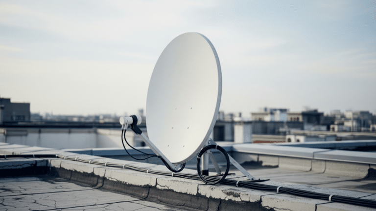 Satellite dish terminal on a rooftop representing the satellite rival market shift, starlink s