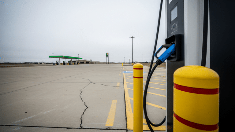 DC fast charger at empty highway plaza illustrating paused EV charging buildout, 500 million
