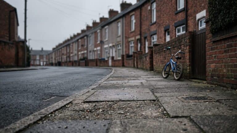 Empty residential street with leaning bicycle showing decline of street play