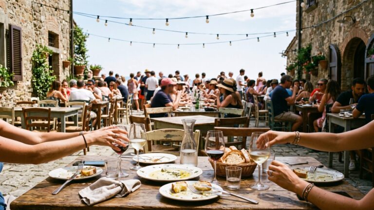 Outdoor restaurant patio packed with summer travelers dining in bright midday light