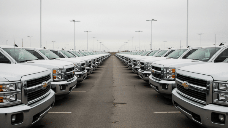 row of new vehicles on a dealer lot amid rising tariff costs