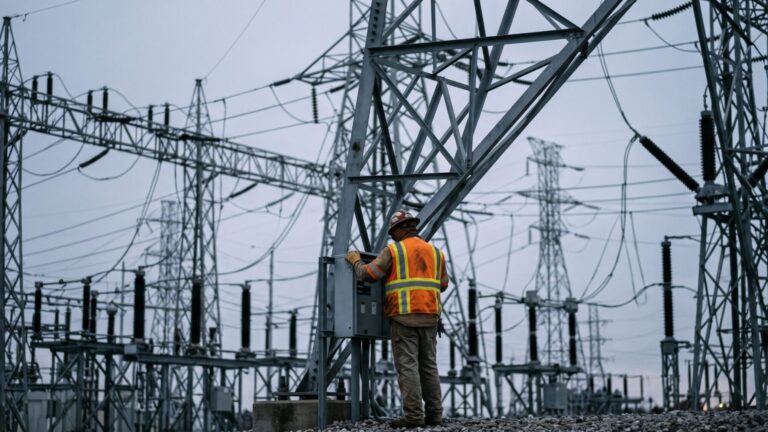 High-voltage transmission lines at a substation during the ratepayer protection pledge era, tech giants