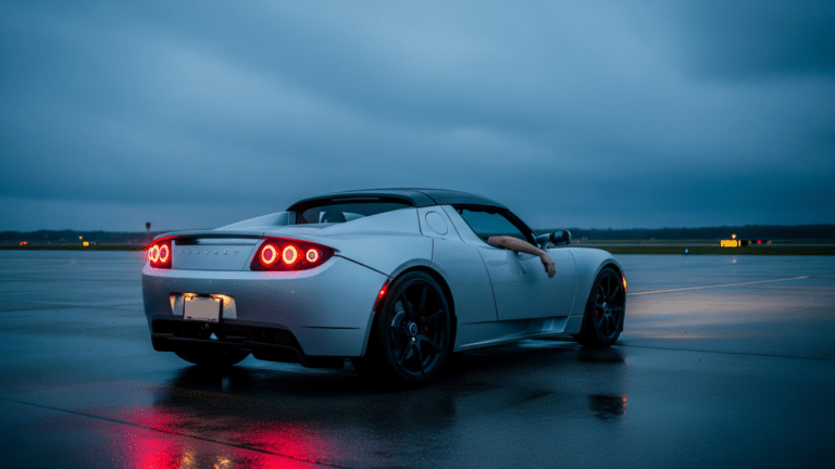 Sleek electric sports car coupe at dusk, Tesla Roadster reveal