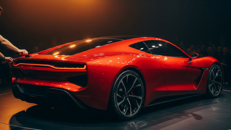 Low angle view of a red Tesla Roadster electric supercar on a dark studio floor, tesla second