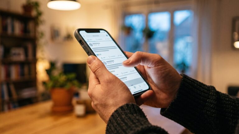 hands scrolling a text social feed showing 500 million monthly users milestone, text based
