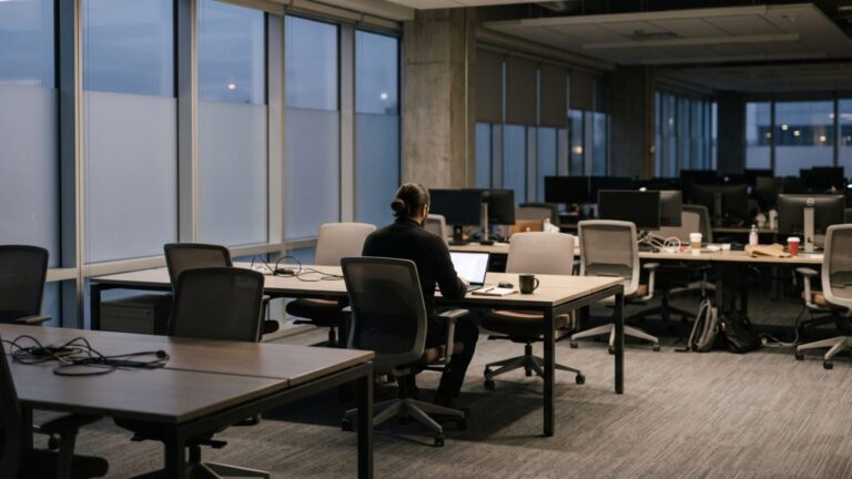 lone worker at desk in empty office illustrating worker loneliness cost, their desks