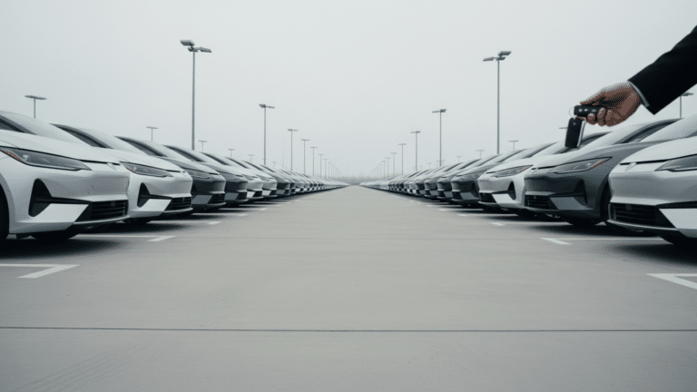 Row of used EV sedans on a dealer lot awaiting sale, three year