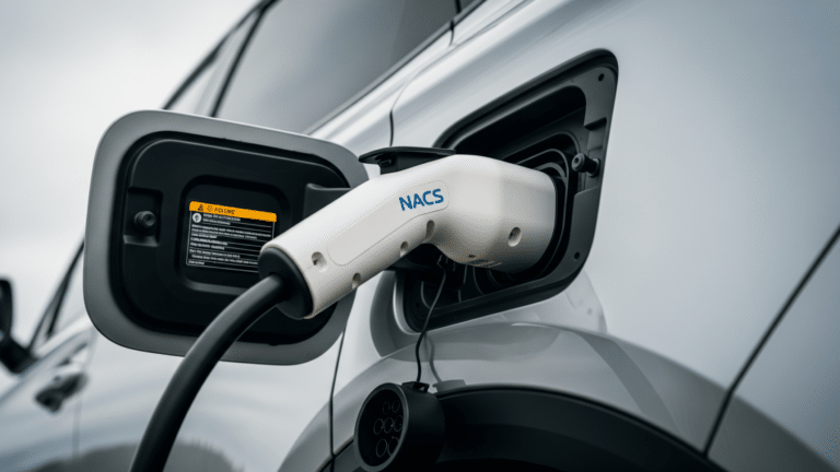 NACS charging cable plugged into an electric SUV showing EV battery range hardware, toyota bz