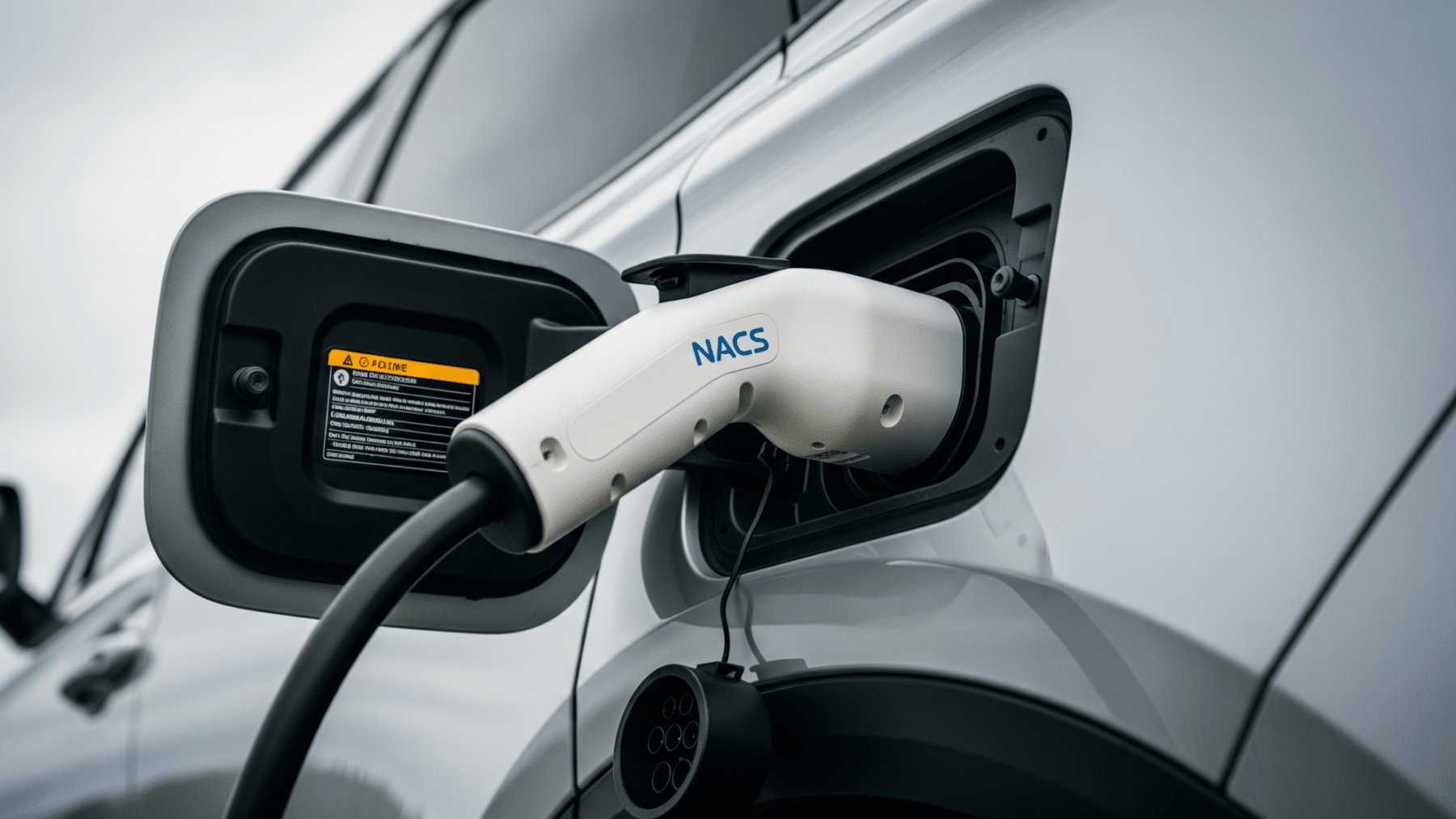 NACS charging cable plugged into an electric SUV showing EV battery range hardware, toyota bz