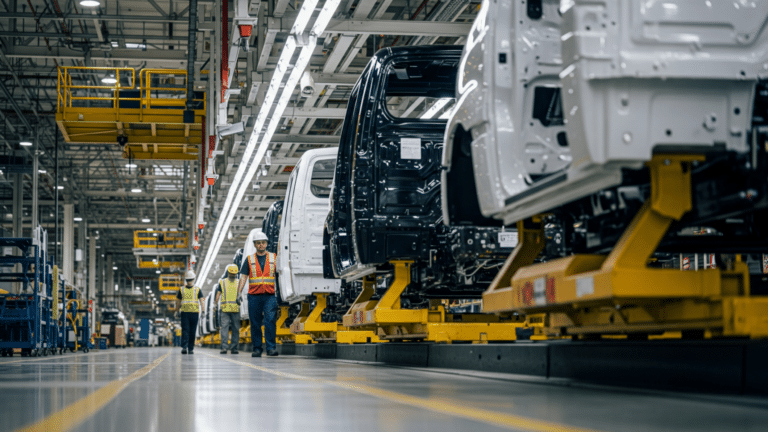 Workers on a Toyota San Antonio plant assembly line building trucks, toyota invests