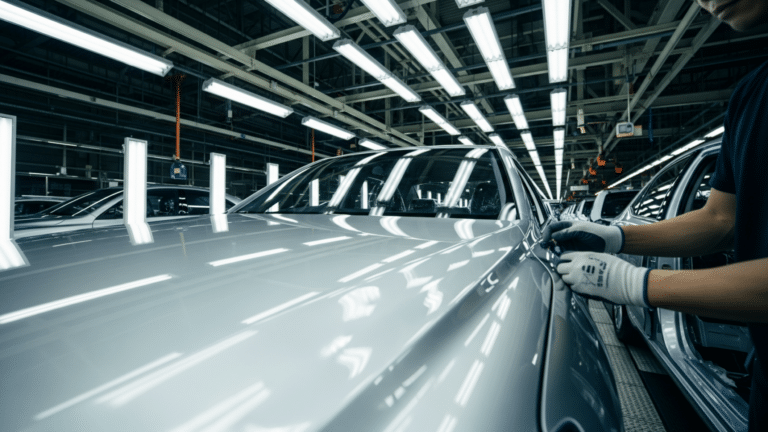 Assembly line workers building vehicles at Toyota quarterly profit results, toyota posts