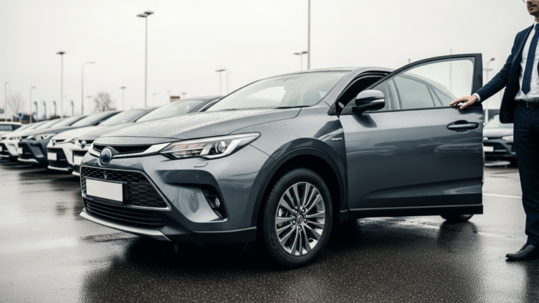 A RAV4 hybrid SUV parked on a wet dealership forecourt, toyota s