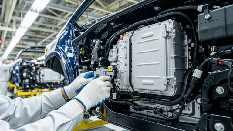 technician connecting a lithium-ion hybrid battery module on an assembly line, hybrid sales