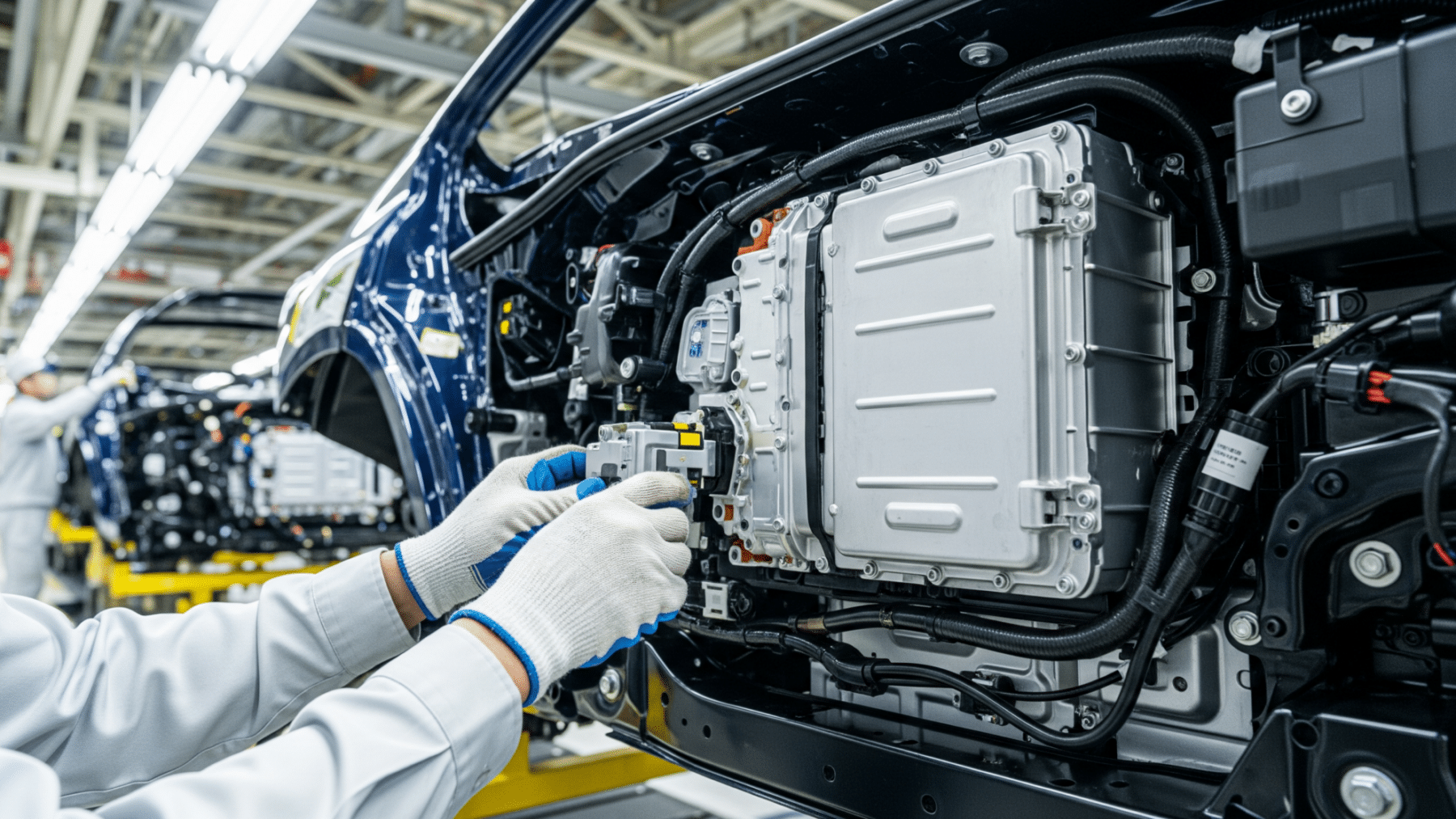 technician connecting a lithium-ion hybrid battery module on an assembly line, hybrid sales