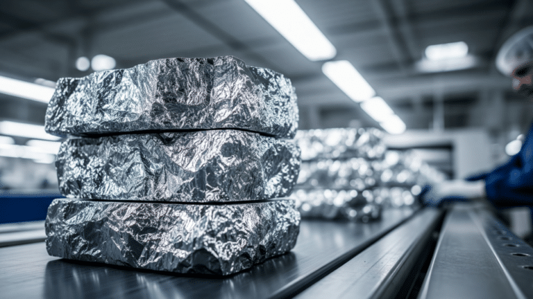 Polysilicon chunks on a manufacturing conveyor belt under industrial lighting, trump signs