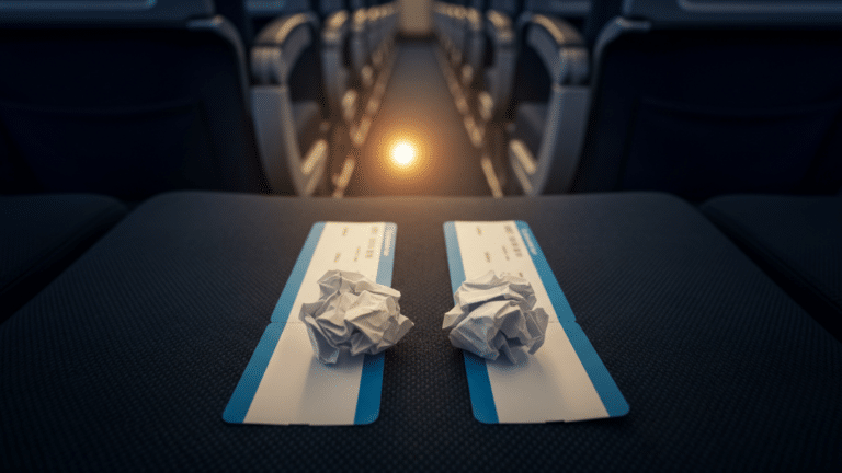 Empty airplane cabin aisle with boarding pass on armrest, illustrating fare bucket pricing, two passengers
