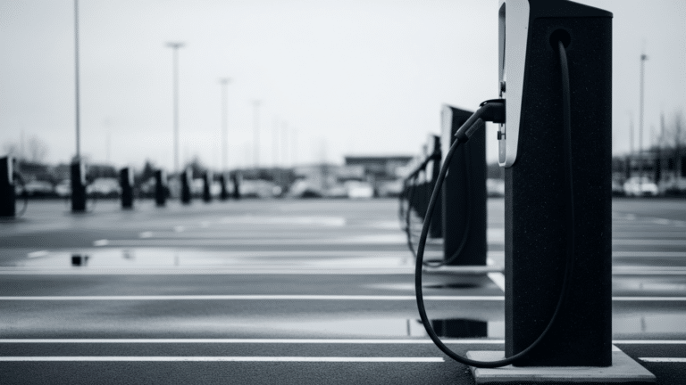 Row of public DC fast-charging stations under overcast sky, EV charging grid load, u s