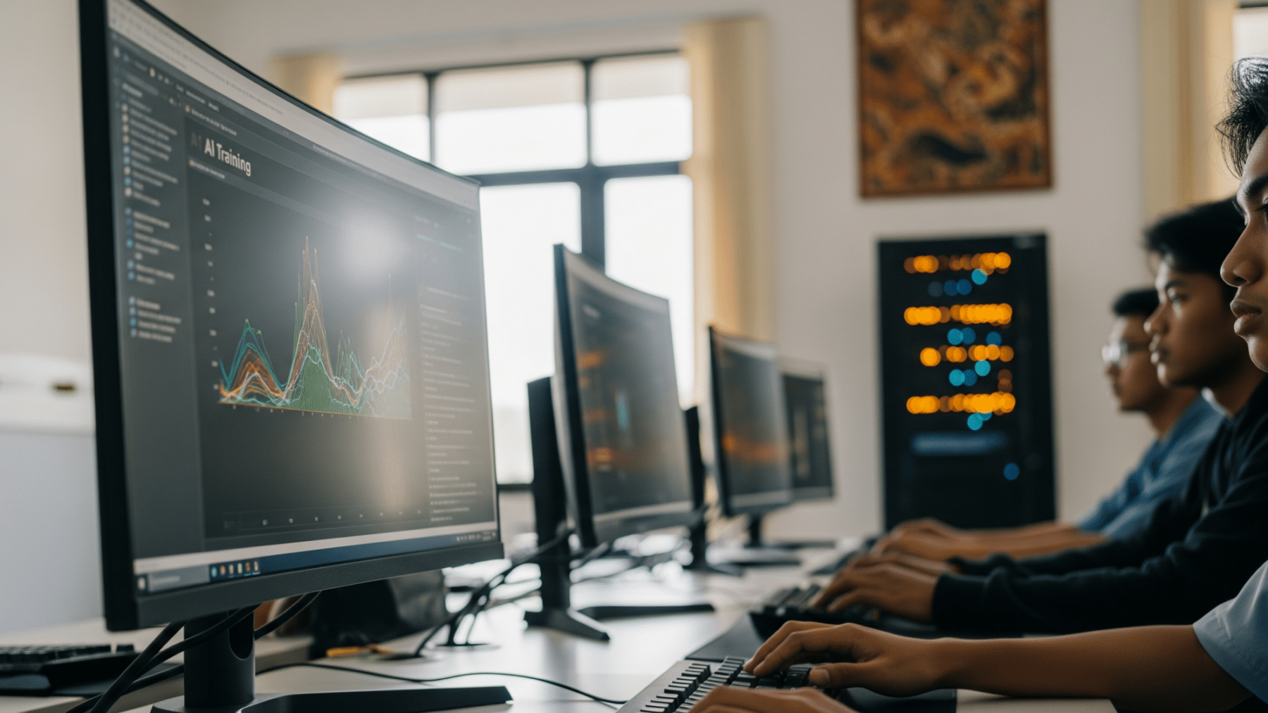 Researcher's hands at a workstation inside a university AI center lab