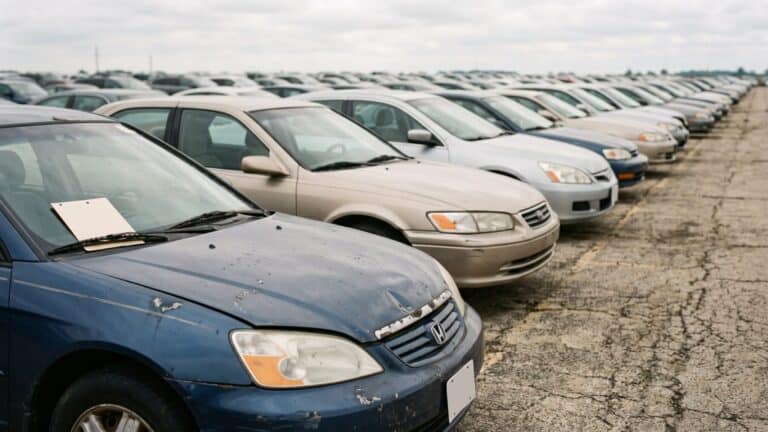 Row of used sedans on an outdoor dealership lot under overcast sky