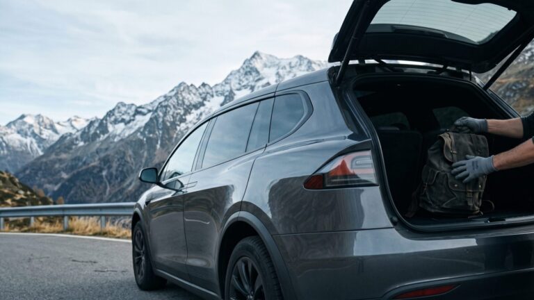 low-angle view of a three-row electric SUV rear door open on a mountain road, wagon brand