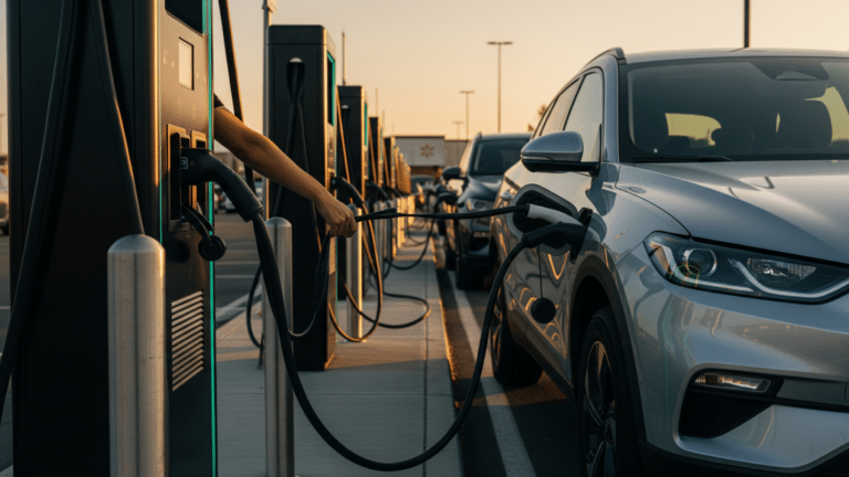 DC fast-charger pedestal in a retail parking lot, EV charging network