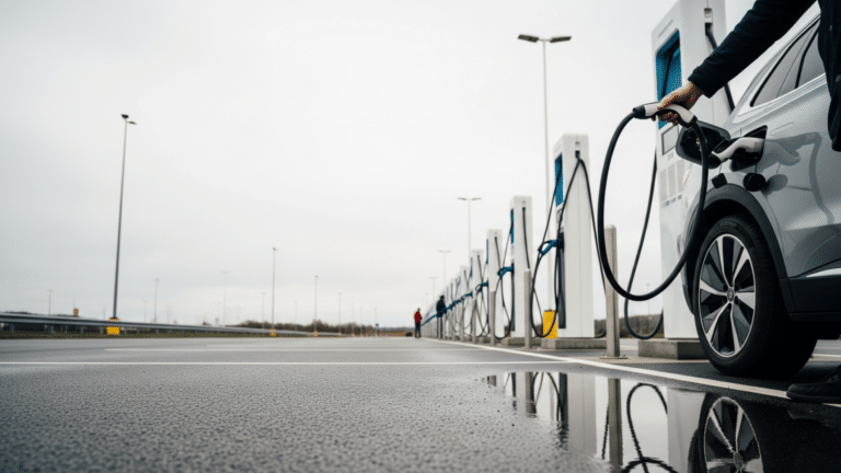 Row of DC public fast charging stations in a large retail parking lot