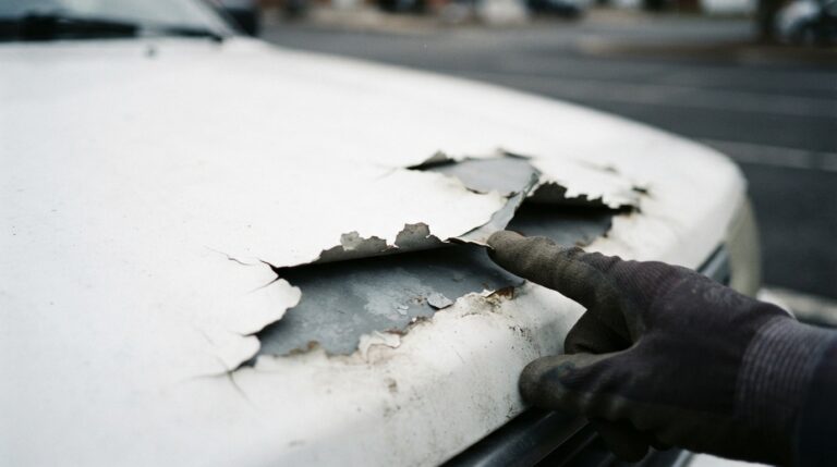 White paint peeling off a car hood revealing bare primer beneath