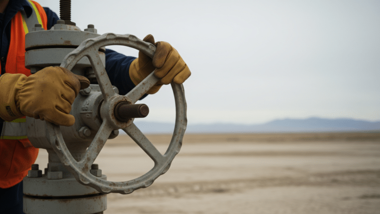 Geothermal well pad wellhead with worker's hands on pressure gauge in high desert, whole home