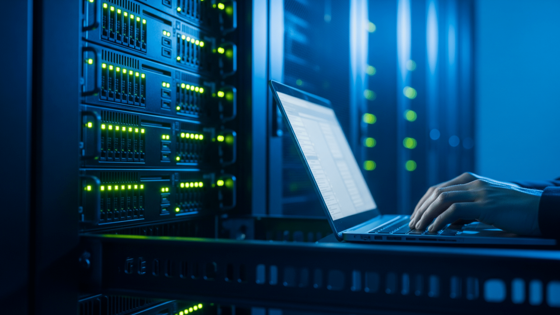 Technician's hands at a server rack illustrating a Windows zero-day vulnerability