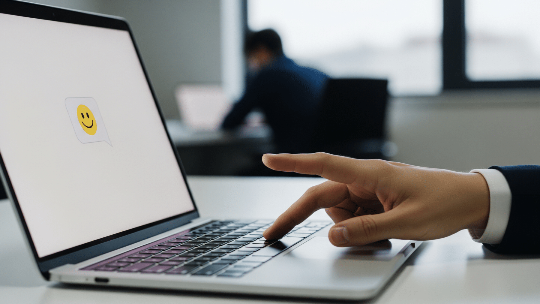 hands typing a workplace emoji message on a laptop keyboard, workers drop