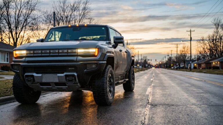 Electric pickup truck on a Detroit-area road during the 1,059-mile single-charge world record run, 1 059 miles