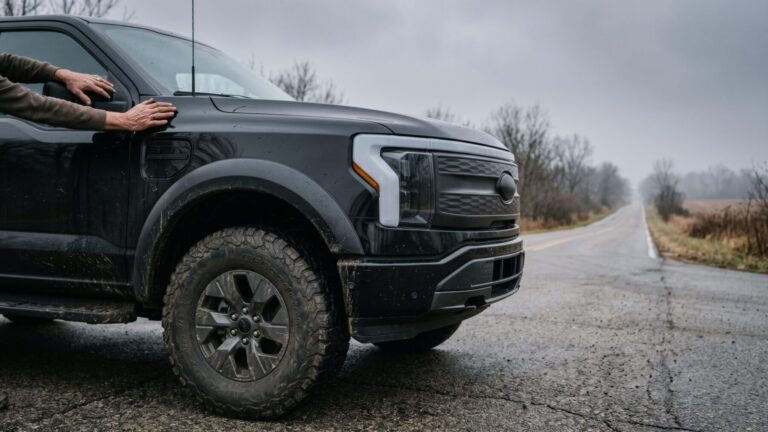 Full-size electric pickup truck on Michigan road, electric pickup range record, 205 kilowatt