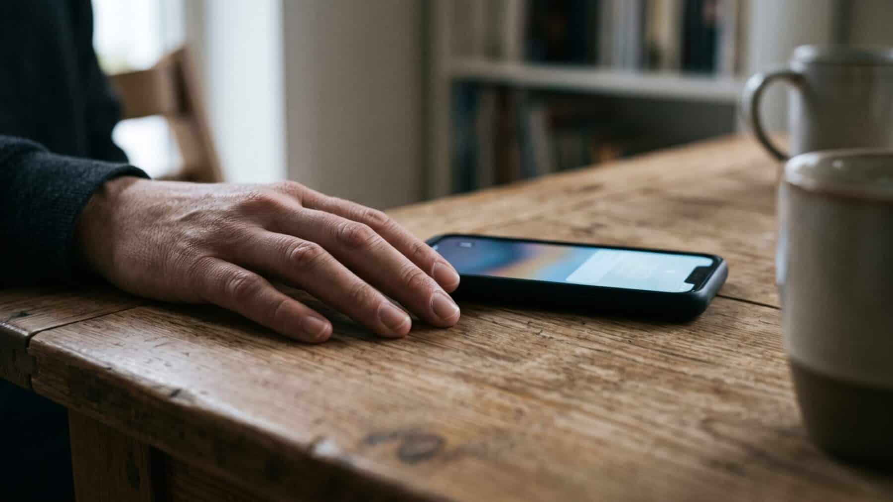 A glowing smartphone on a table with a hand resting beside it, illustrating smartphone use habits