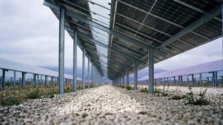 Bifacial solar panels elevated above reflective pale gravel at a utility farm, across 51