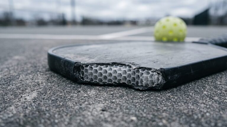 Pickleball paddle honeycomb core detail on outdoor court surface, across 82