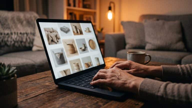 Hands browsing an online cart on a laptop at home