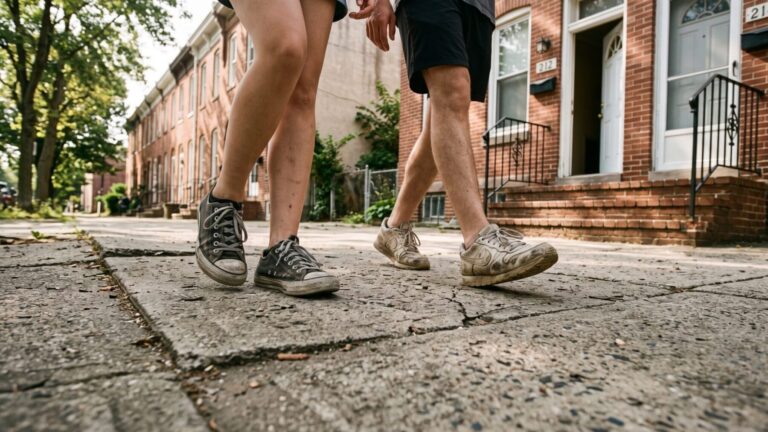 Two people walking past neighboring front doors, illustrating adult friendships and proximity