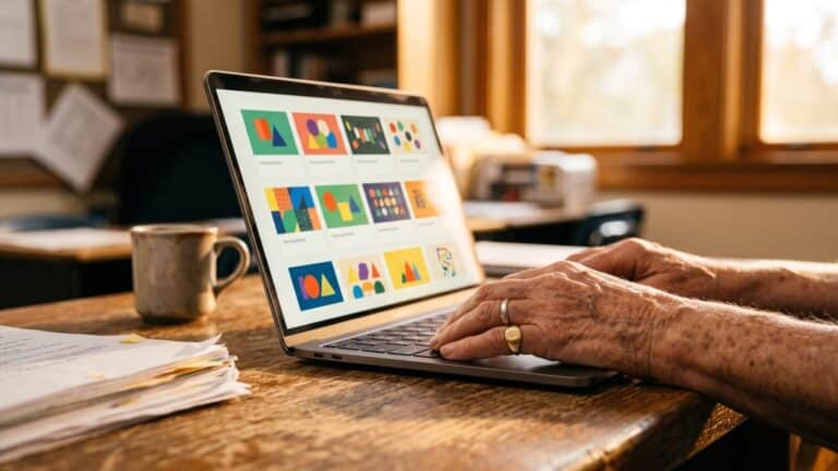 Teacher's hands on laptop showing Google AI Educator Series training modules