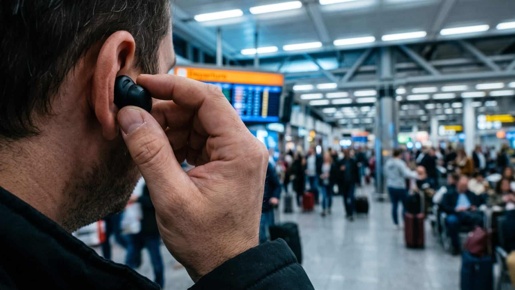 AI translation earbuds held in hand inside a busy airport terminal