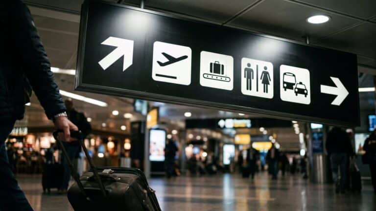 Close low-angle view of airport signs with directional icons and arrows overhead, airport wayfinding