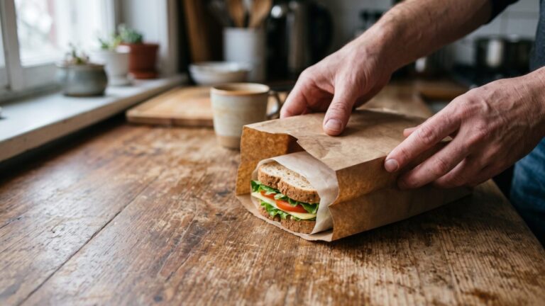 Hands packing a brown bag lunch reflecting everyday spending habits, americans cook
