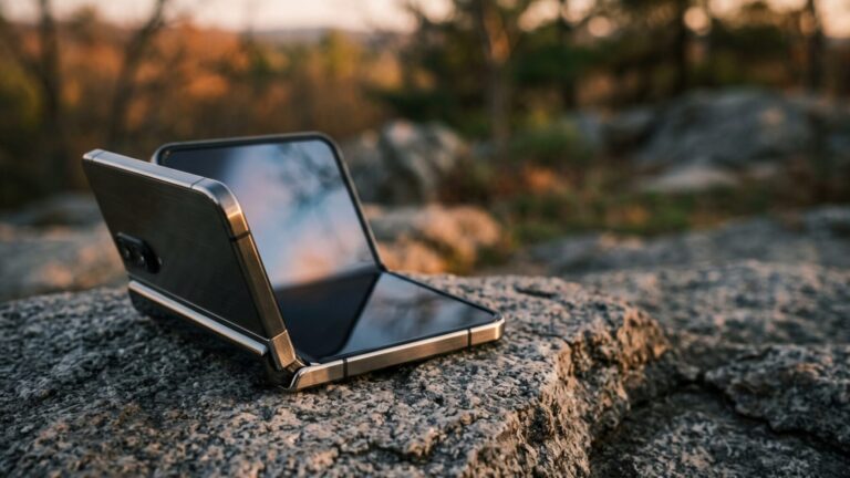 Close-up of a foldable iPhone balanced on its hinge edge in cool studio light