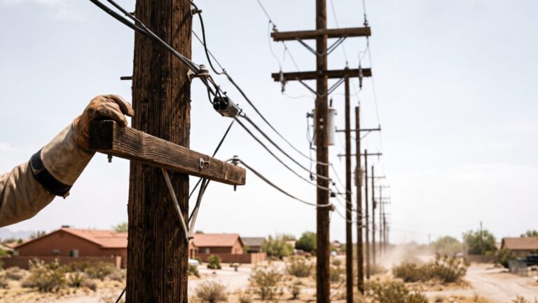 Utility poles and power lines in an Arizona neighborhood, illustrating the rate hike, arizona grid