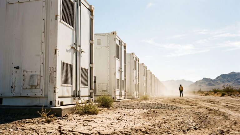 rows of utility-scale battery storage enclosures in Arizona desert under harsh sun, battery storage record
