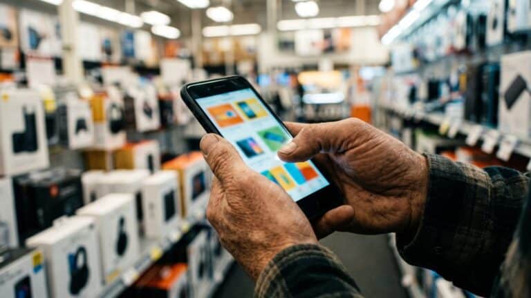 Hands holding smartphone while webrooming in a retail store aisle, around 67