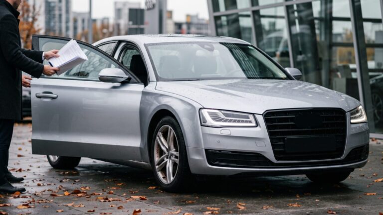 Audi 2026 sedan on a dealership forecourt under overcast light, audi raises