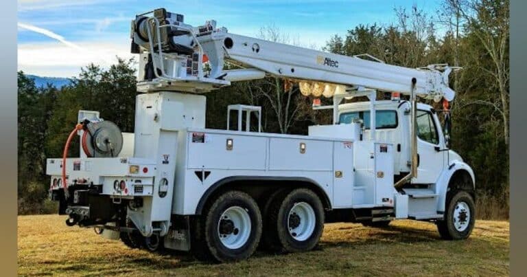 front radar sensor on a commercial utility truck linked to automatic braking system