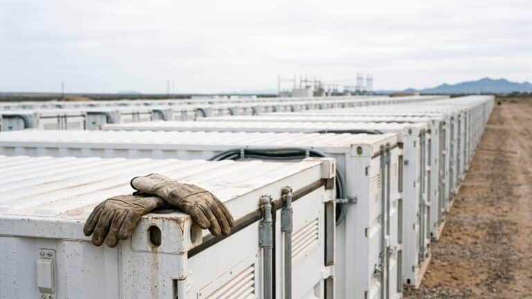 Rows of grid-scale battery enclosures at an Arizona battery record storage facility