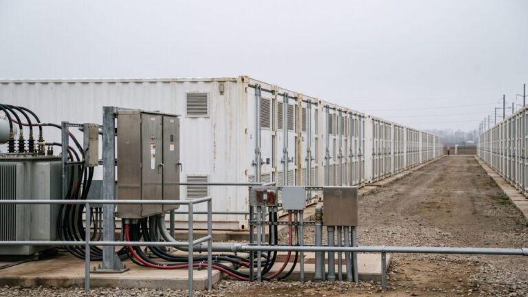 Rows of utility-scale battery storage containers at a large grid facility