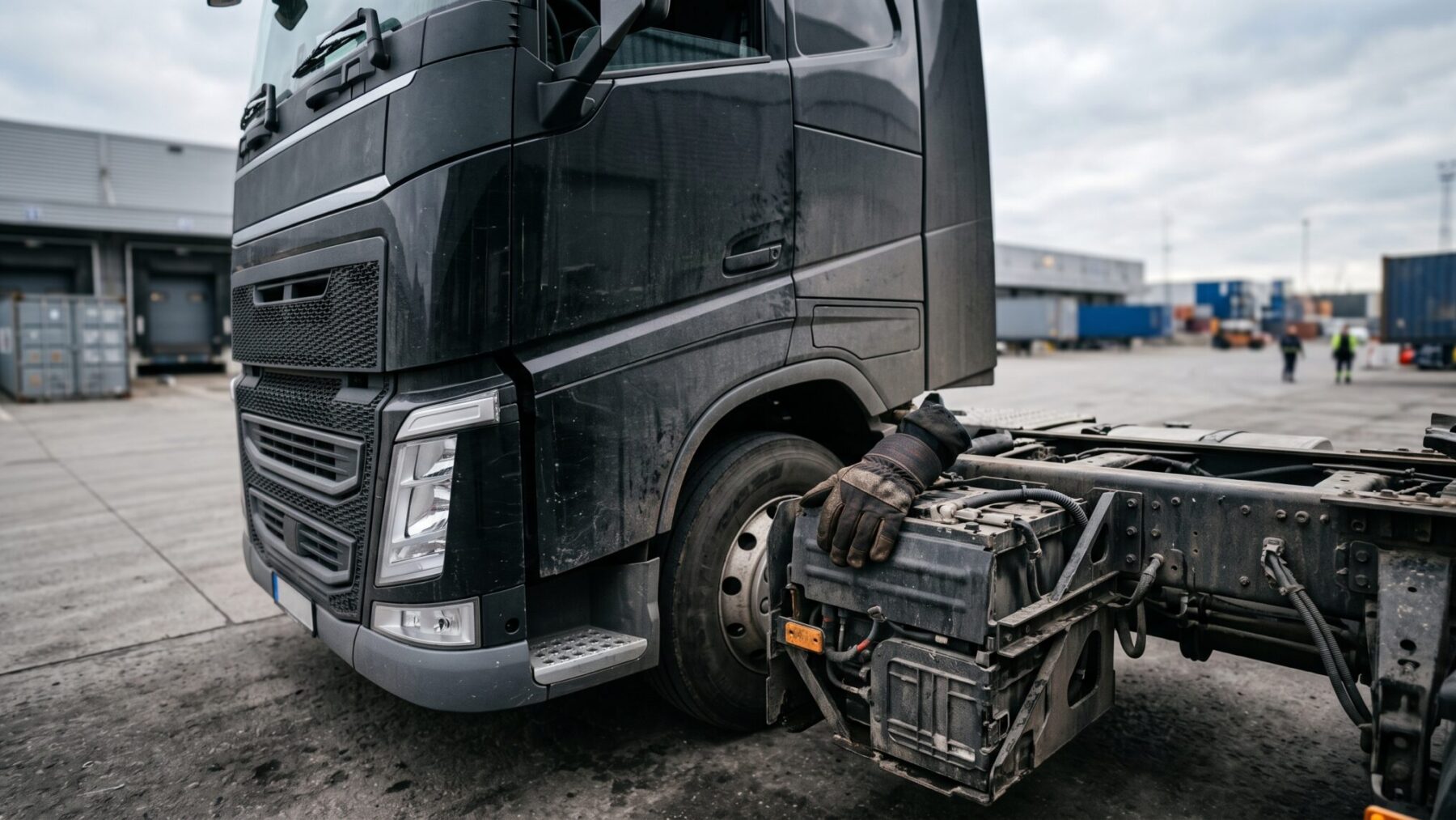 Electric heavy-duty truck cab in a logistics yard, Tectrans II truck battery context, catl s